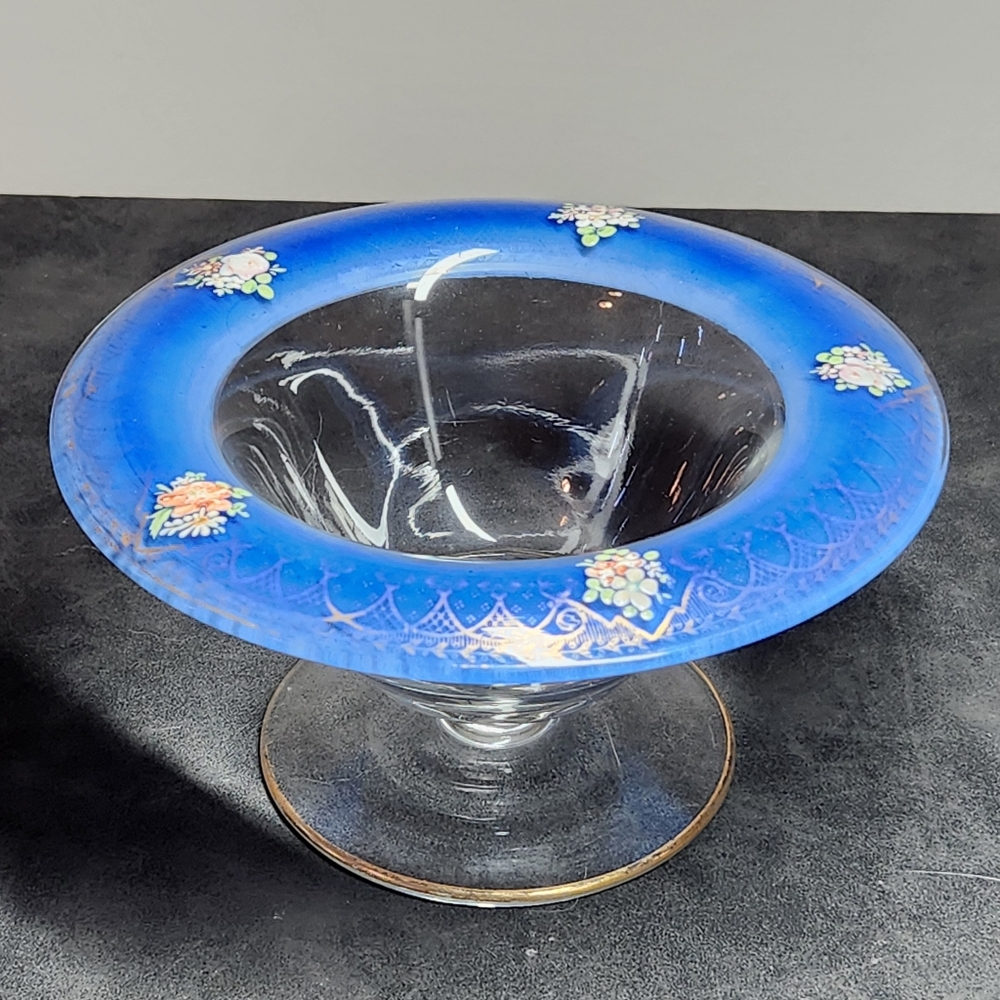 Cobalt blue and gold adorned footed candy compote dish paneled glass